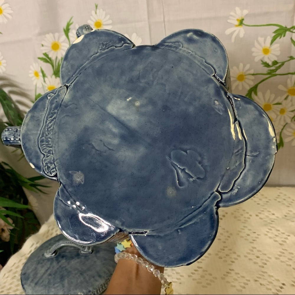 Vintage 70s denim look lidded ceramic canister - Picture 11 of 13